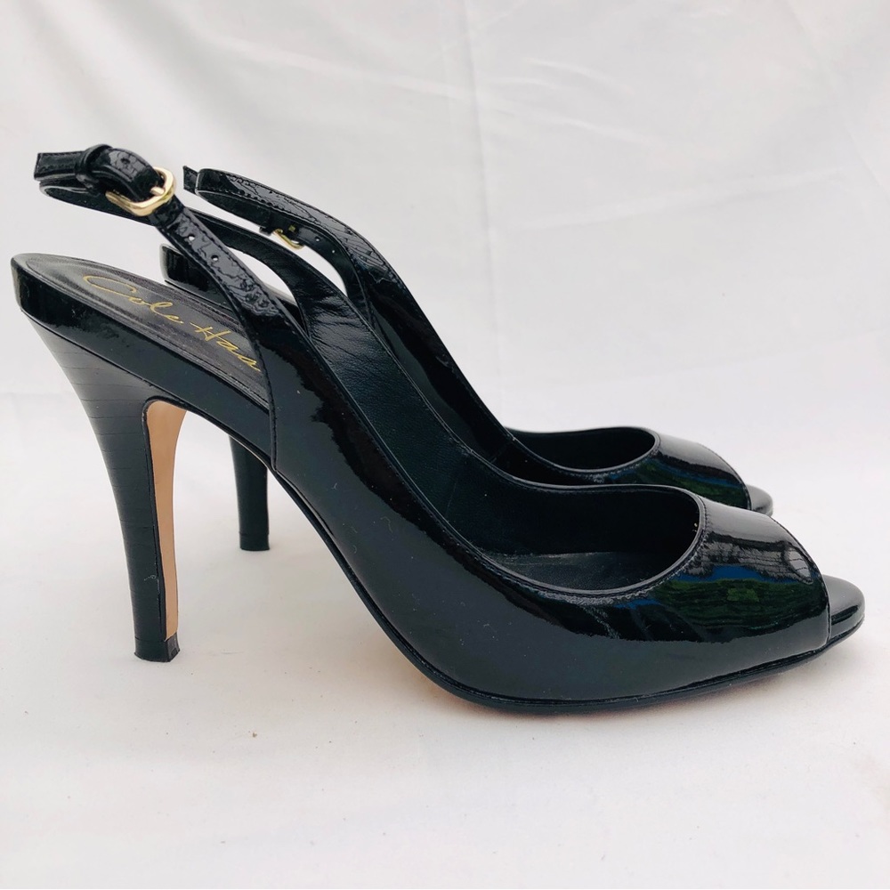 NEW Cole Haan slingback open toe pump, 3.75” heel, black patent leather